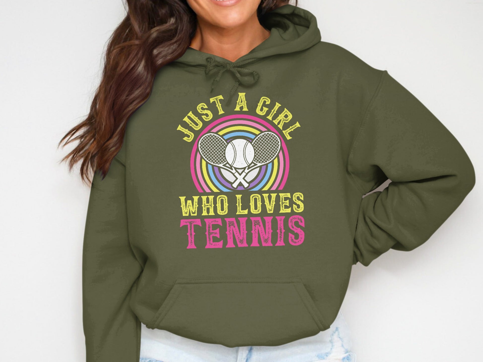 Green hoodie with "Just a girl who loves tennis" text and tennis rackets graphic.