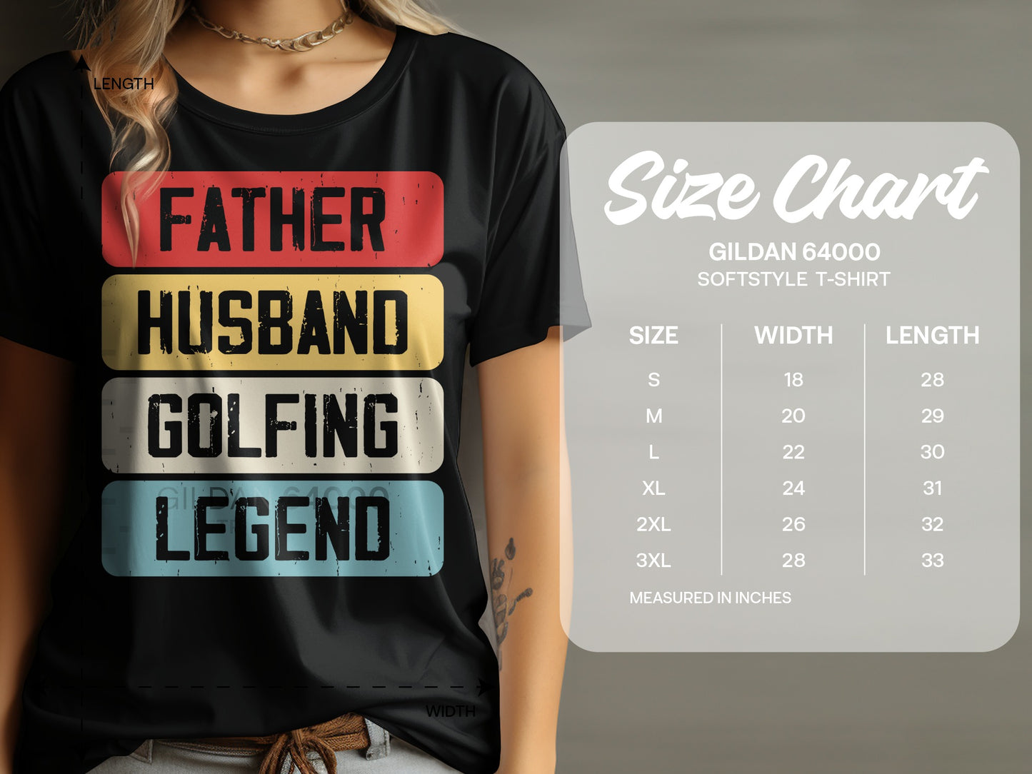 T-shirt with "FATHER HUSBAND GOLFING LEGEND" text and size chart.