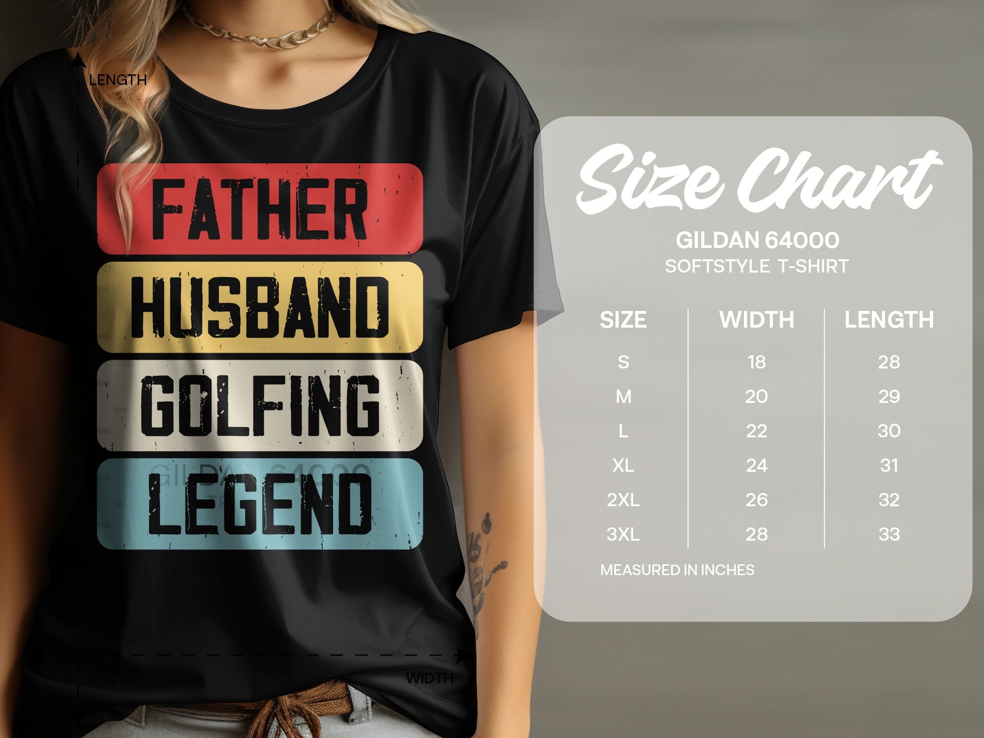 T-shirt with "FATHER HUSBAND GOLFING LEGEND" text and size chart.