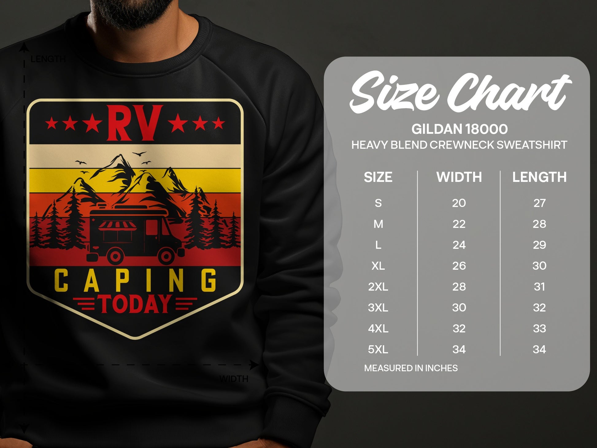 RV Camping Today graphic on a Gildan 18000 sweatshirt size chart.