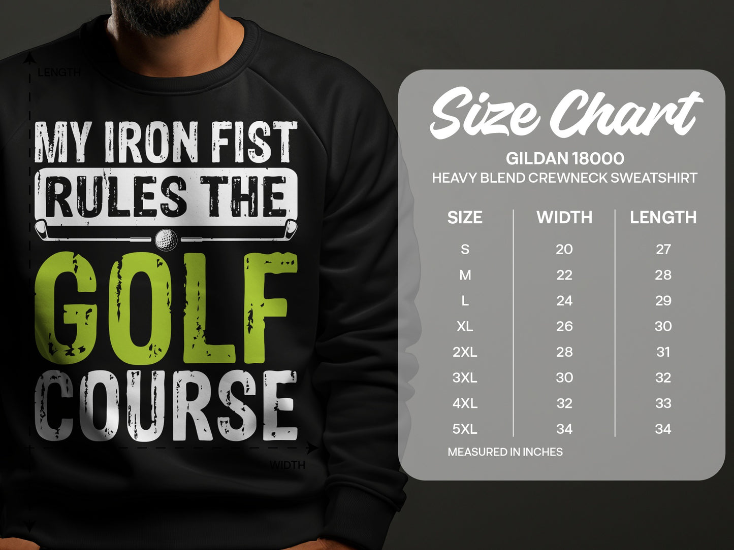 Sweatshirt with "My Iron Fist Rules The Golf Course" text and size chart.