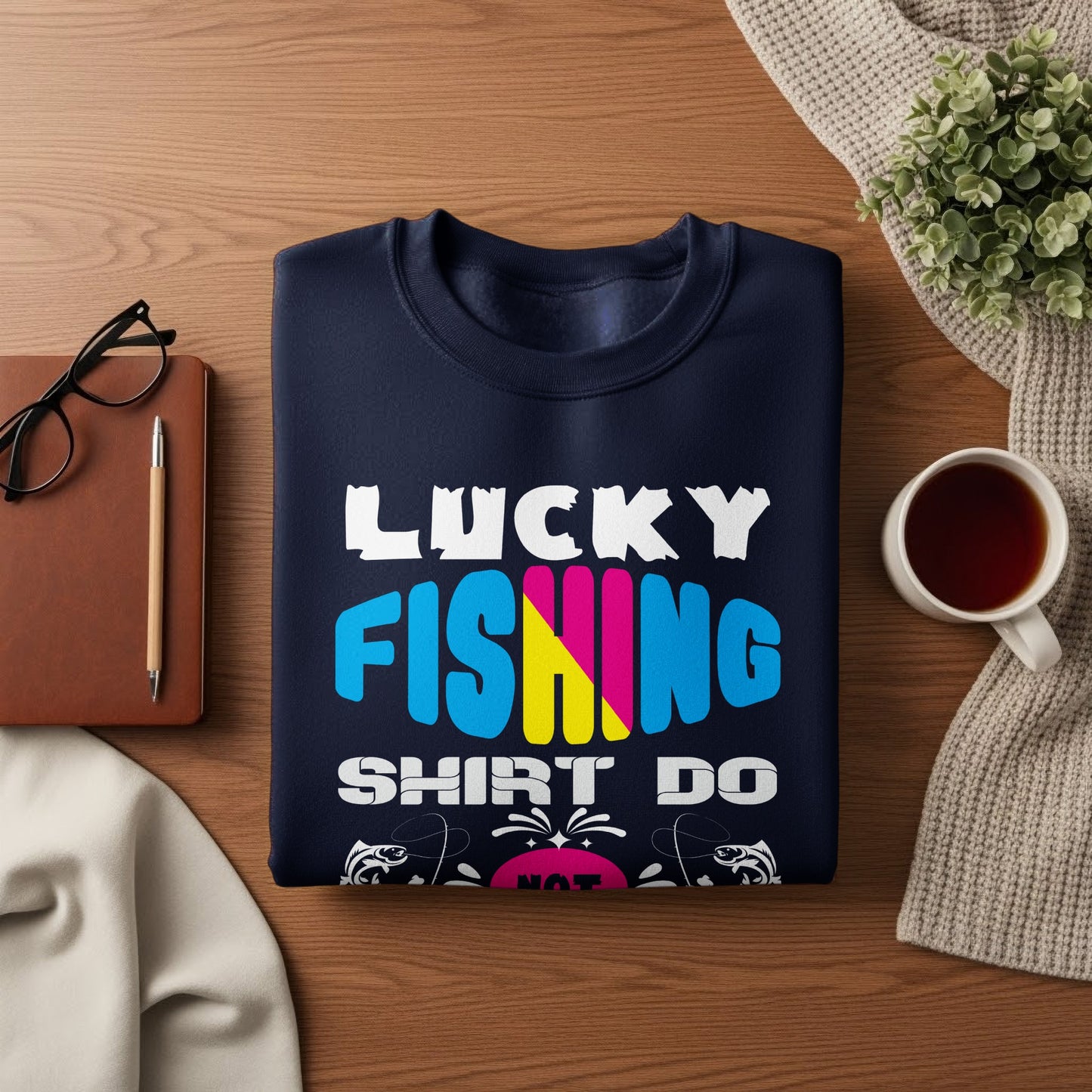 Navy sweatshirt with "LUCKY FISHING SHIRT DO NOT" text and fishing graphics.