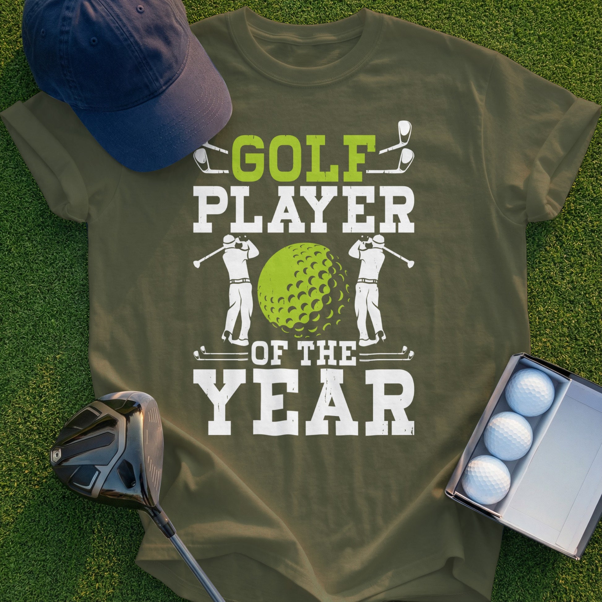 Green t-shirt with "Golf Player of the Year" text and golf graphics.