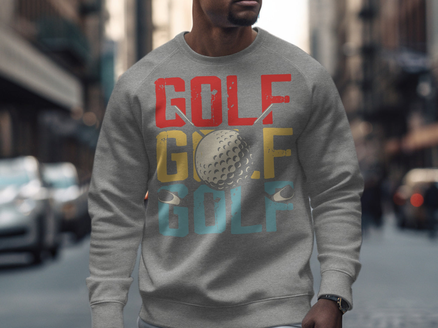 Grey sweatshirt with "GOLF" text and golf ball graphic.