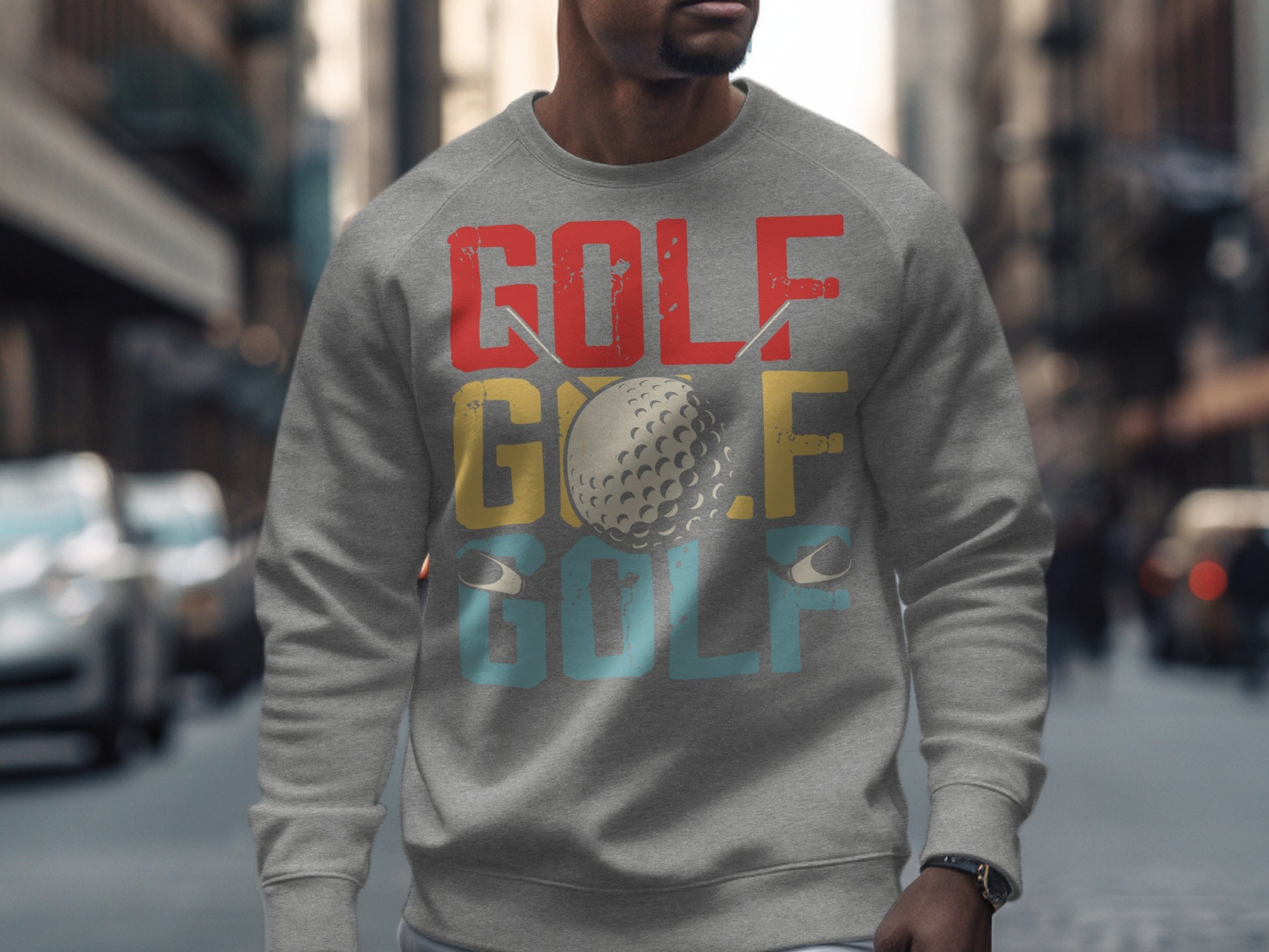 Grey sweatshirt with "GOLF" text and golf ball graphic.