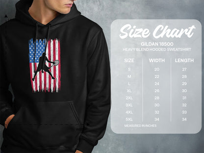 Hooded sweatshirt size chart for Gildan 18500 with US flag tennis player graphic.
