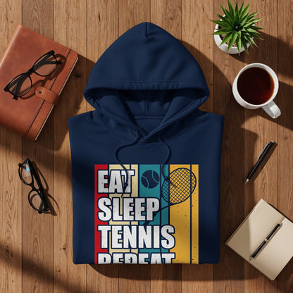 Navy hoodie with "Eat Sleep Tennis Repeat" graphic and tennis racket.