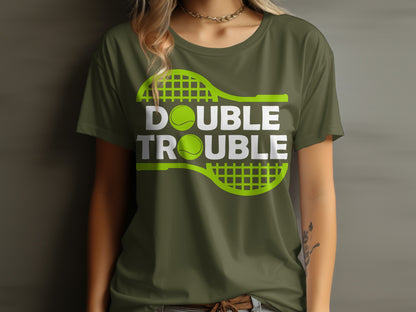 Green t-shirt with white text and graphics: "DOUBLE TROUBLE" and tennis racket.