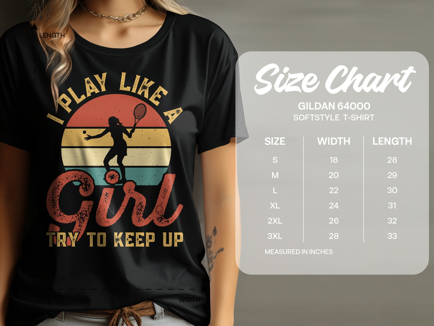 T-shirt with "Play Like a Girl Try to Keep Up" text and sunset graphic.