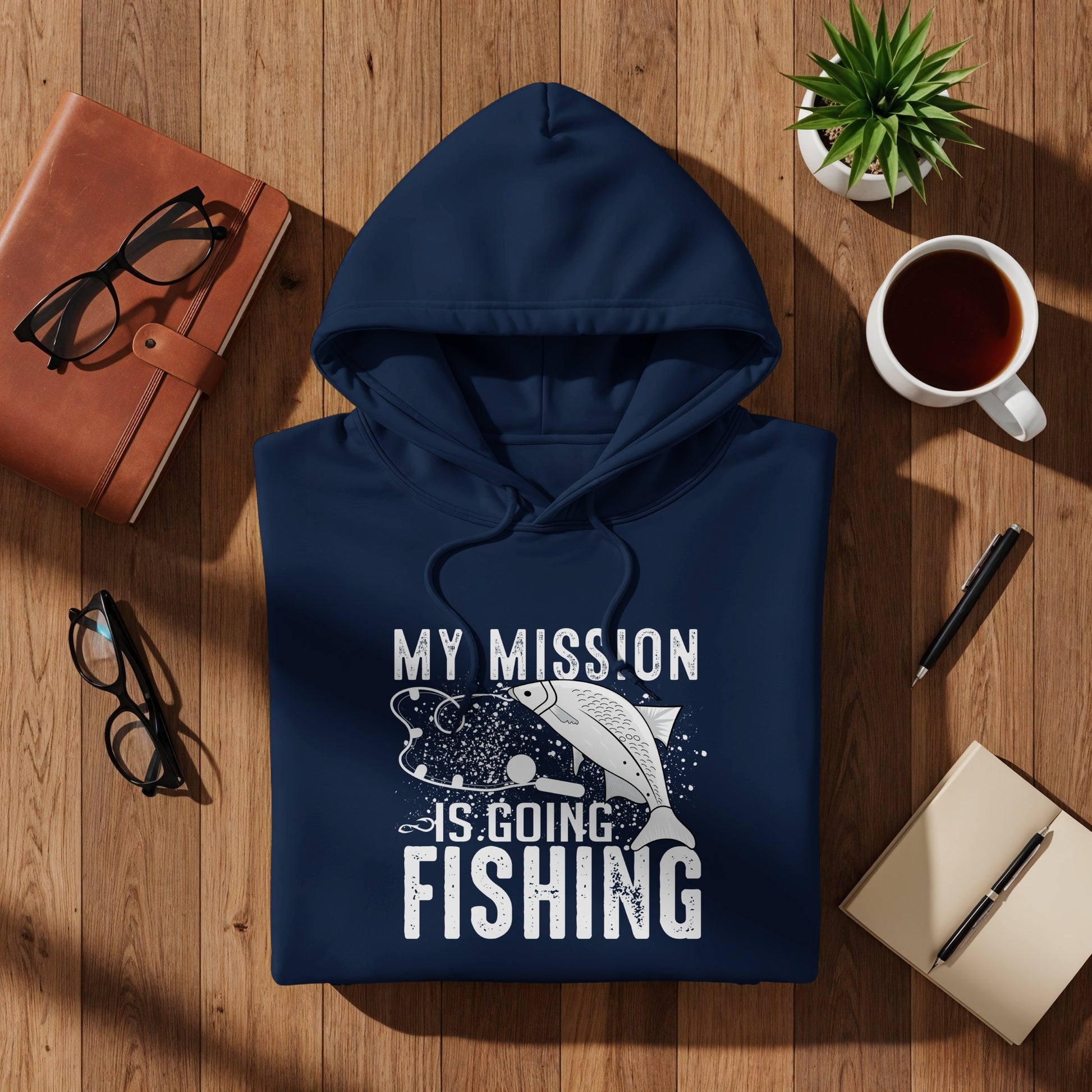 Navy hoodie with "My Mission Is Going Fishing" text and fish graphic.