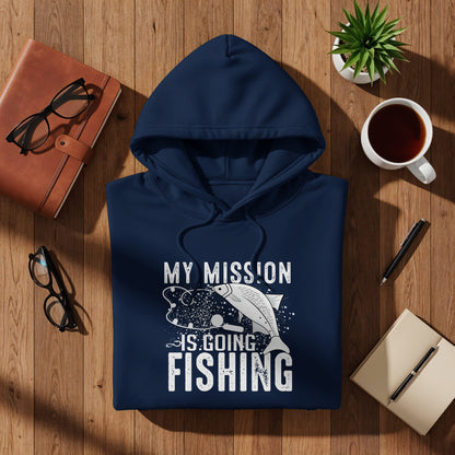 Navy hoodie with "My Mission Is Going Fishing" text and fish graphic.
