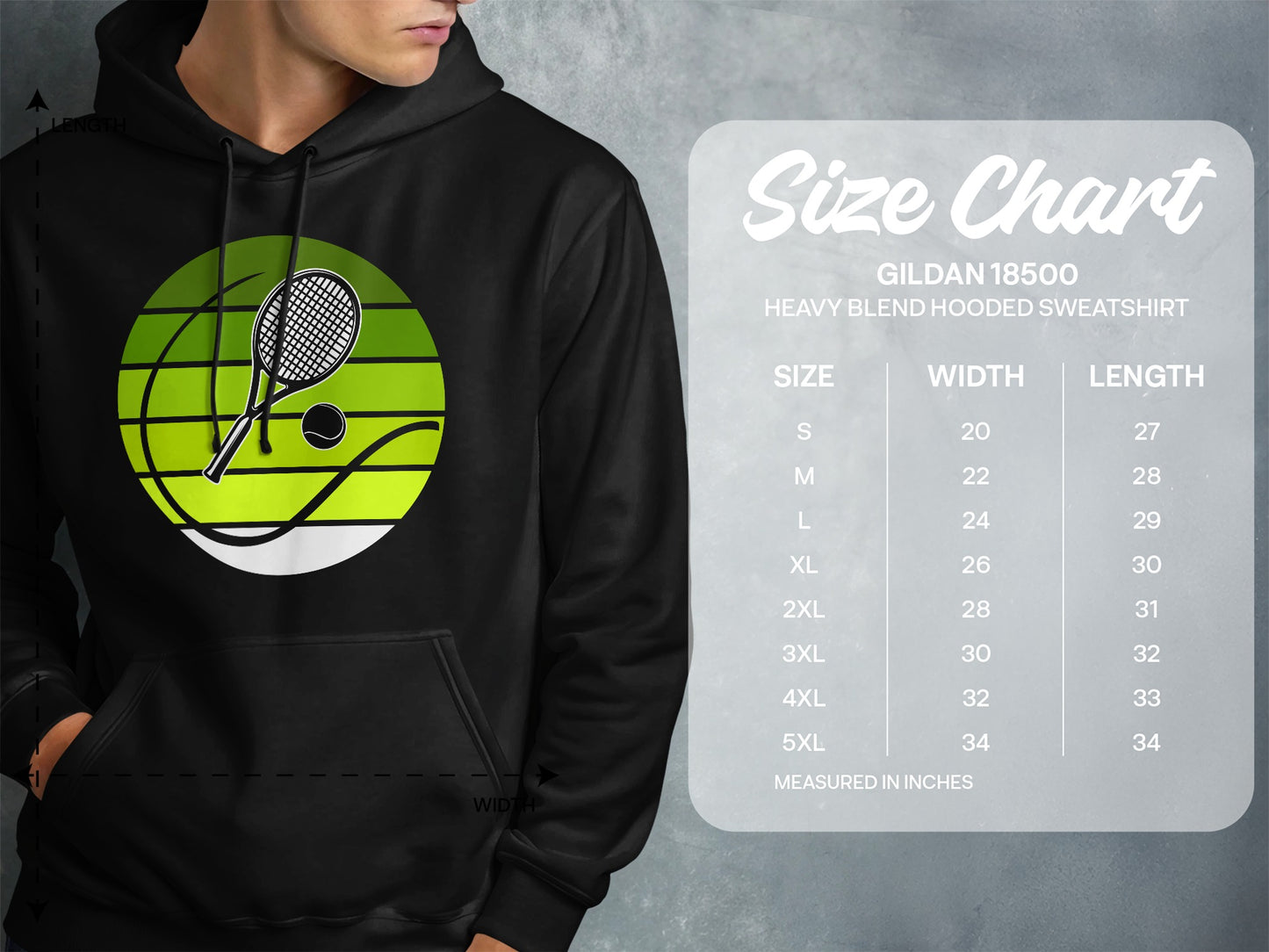 Gildan 18500 hoodie size chart with tennis graphic.