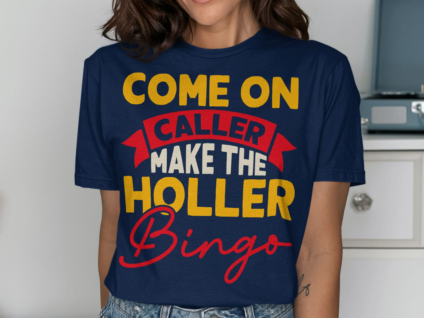 Navy t-shirt with "Come On Caller Make the Holler Bingo" text.