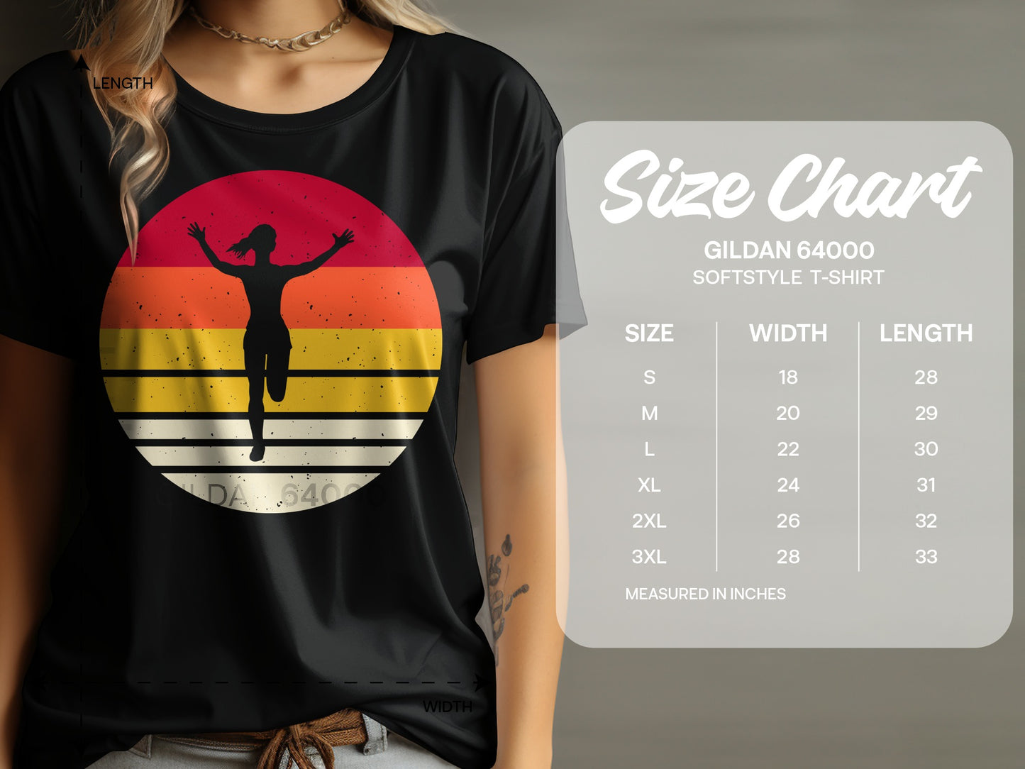 T-shirt size chart for Gildan 64000 Softstyle with measurements in inches.