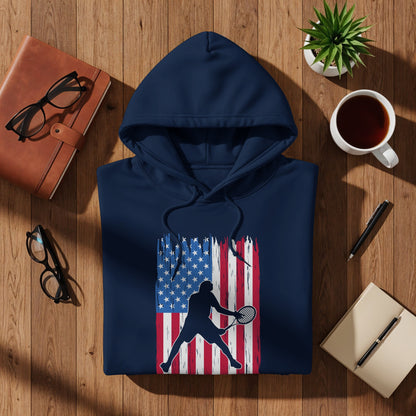 Navy hoodie with distressed American flag and tennis player graphic.