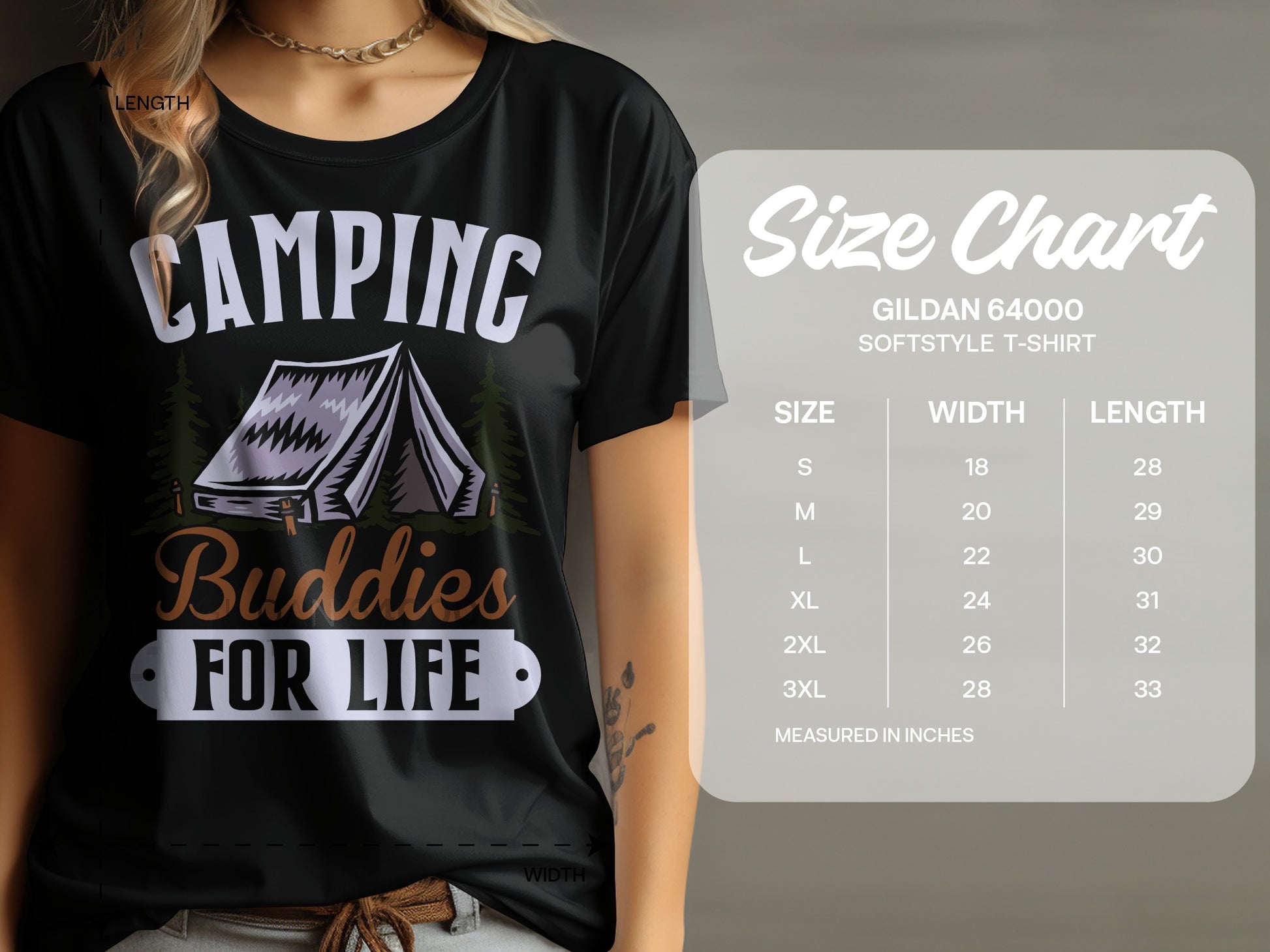 T-shirt with "Camping Buddies For Life" graphic and GILDAN 64000 size chart.