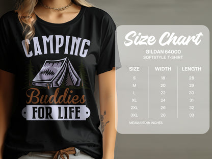 T-shirt with "Camping Buddies For Life" graphic and GILDAN 64000 size chart.