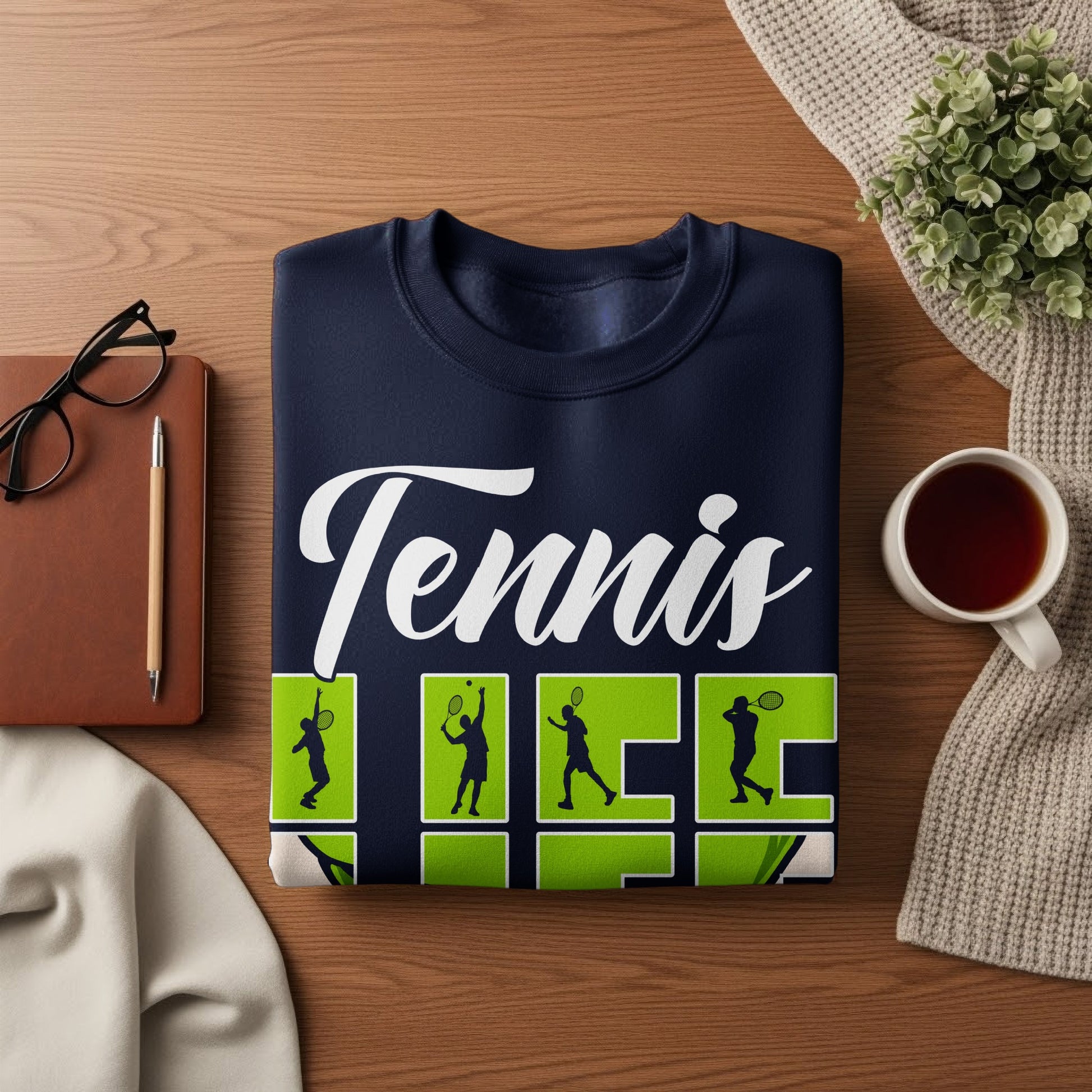 Navy sweatshirt with "Tennis" graphic and green silhouettes of tennis players.