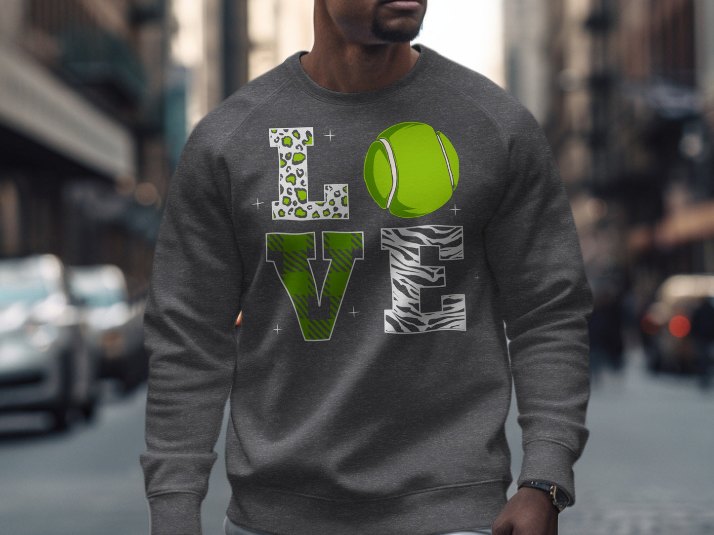 Gray sweatshirt with "LOVE" graphic featuring a tennis ball and animal print.
