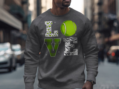Gray sweatshirt with "LOVE" graphic featuring a tennis ball and animal print.
