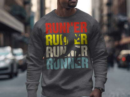 Grey sweatshirt with "RUNNER" in red, yellow, and blue lettering.