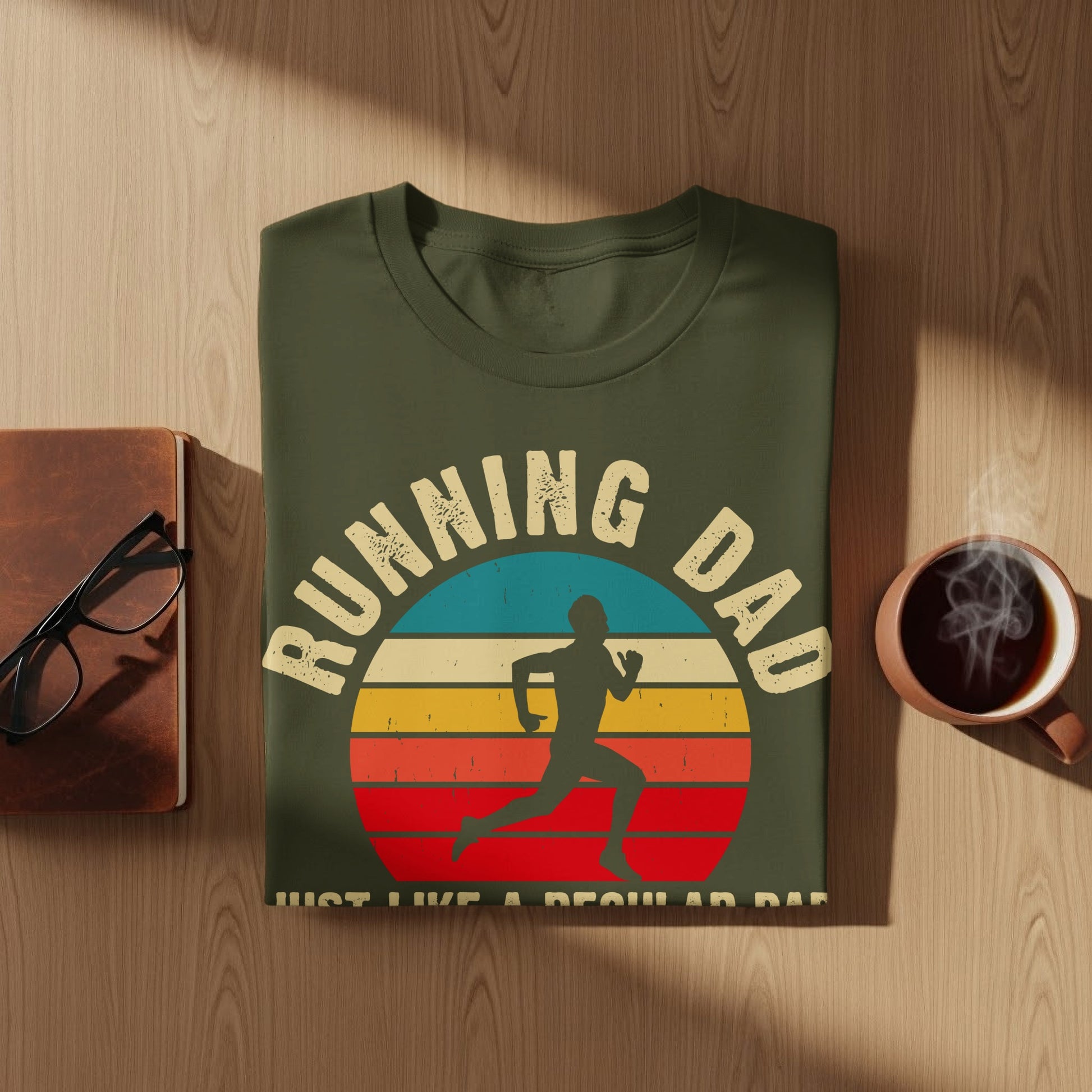 Green t-shirt with "Running Dad" and a runner silhouette in a sunset graphic.