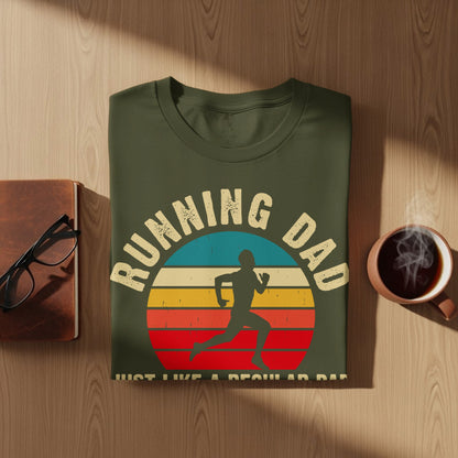 Green t-shirt with "Running Dad" and a runner silhouette in a sunset graphic.