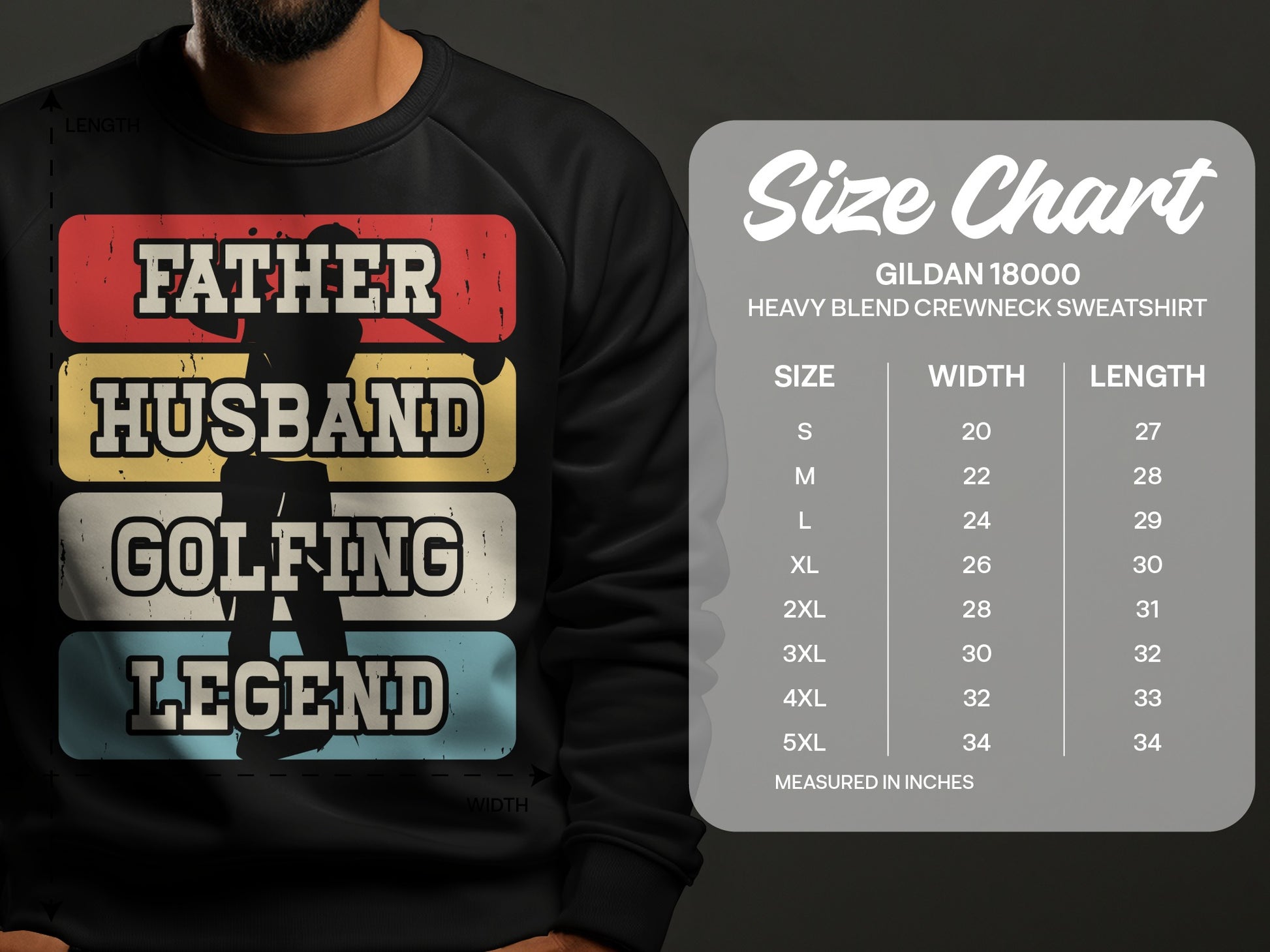 Men's sweatshirt with "Father Husband Golfing Legend" graphic and size chart.