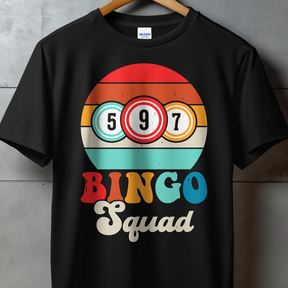 Black t-shirt with a colorful bingo design and "Bingo Squad" text.