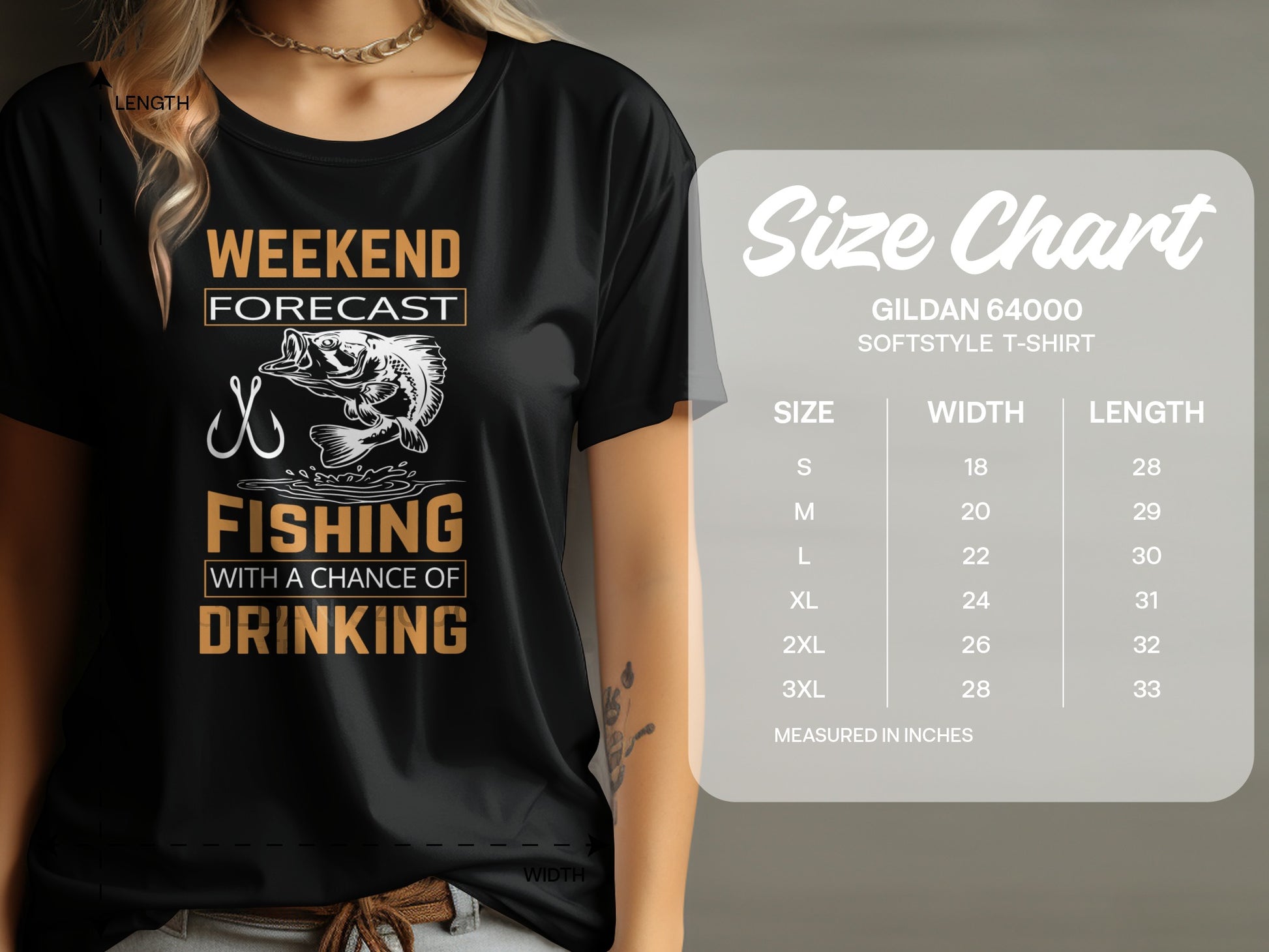 Black t-shirt with "Weekend Forecast Fishing with a Chance of Drinking" graphic and size chart.