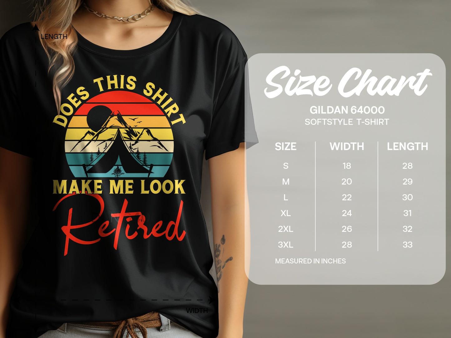 Black t-shirt with "Does this shirt make me look retired" text and mountain graphic.
