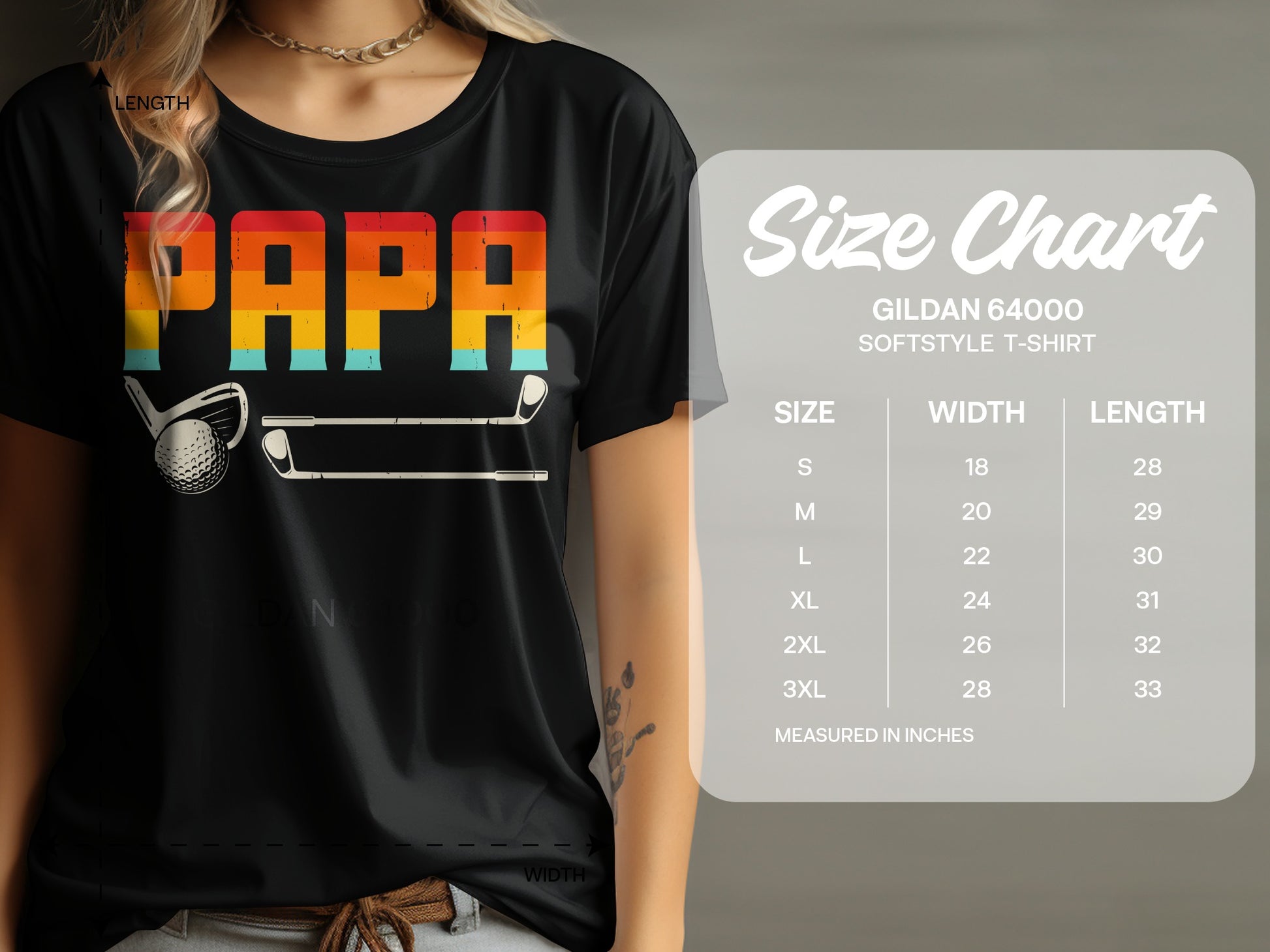 Black t-shirt with "PAPA" graphic, golf club, and size chart.