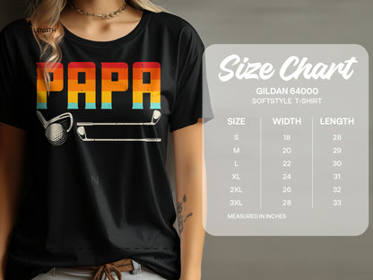 Black t-shirt with "PAPA" graphic, golf club, and size chart.