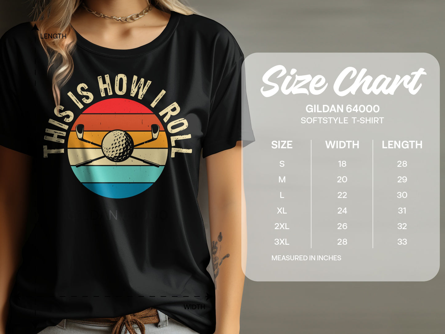 T-shirt with "THIS IS HOW I ROLL" text, golf club, and ball graphic.