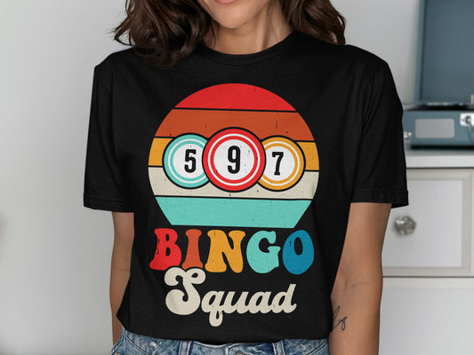 Black t-shirt with "BINGO Squad" text and colorful bingo balls.