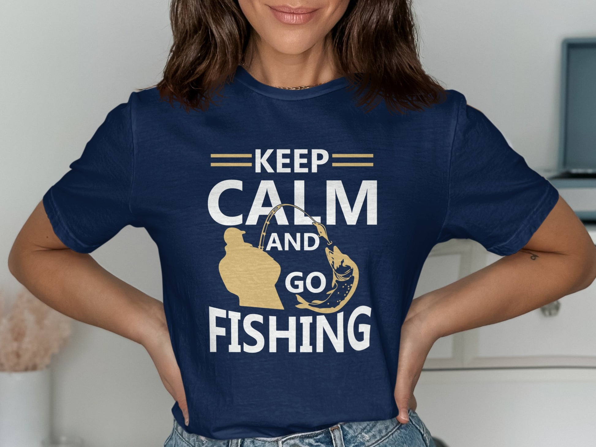 Navy t-shirt with "Keep Calm and Go Fishing" text and graphic.