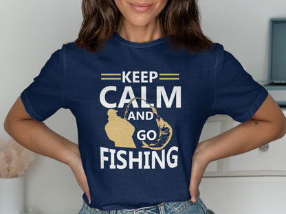 Navy t-shirt with "Keep Calm and Go Fishing" text and graphic.