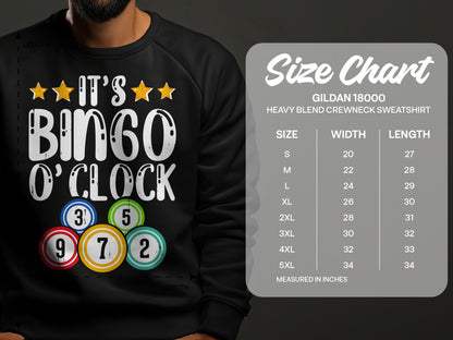 Gildan 18000 sweatshirt size chart with "It's Bingo O'Clock" graphic.
