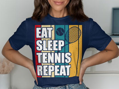 Navy t-shirt with "Eat Sleep Tennis Repeat" text and tennis racket graphic.