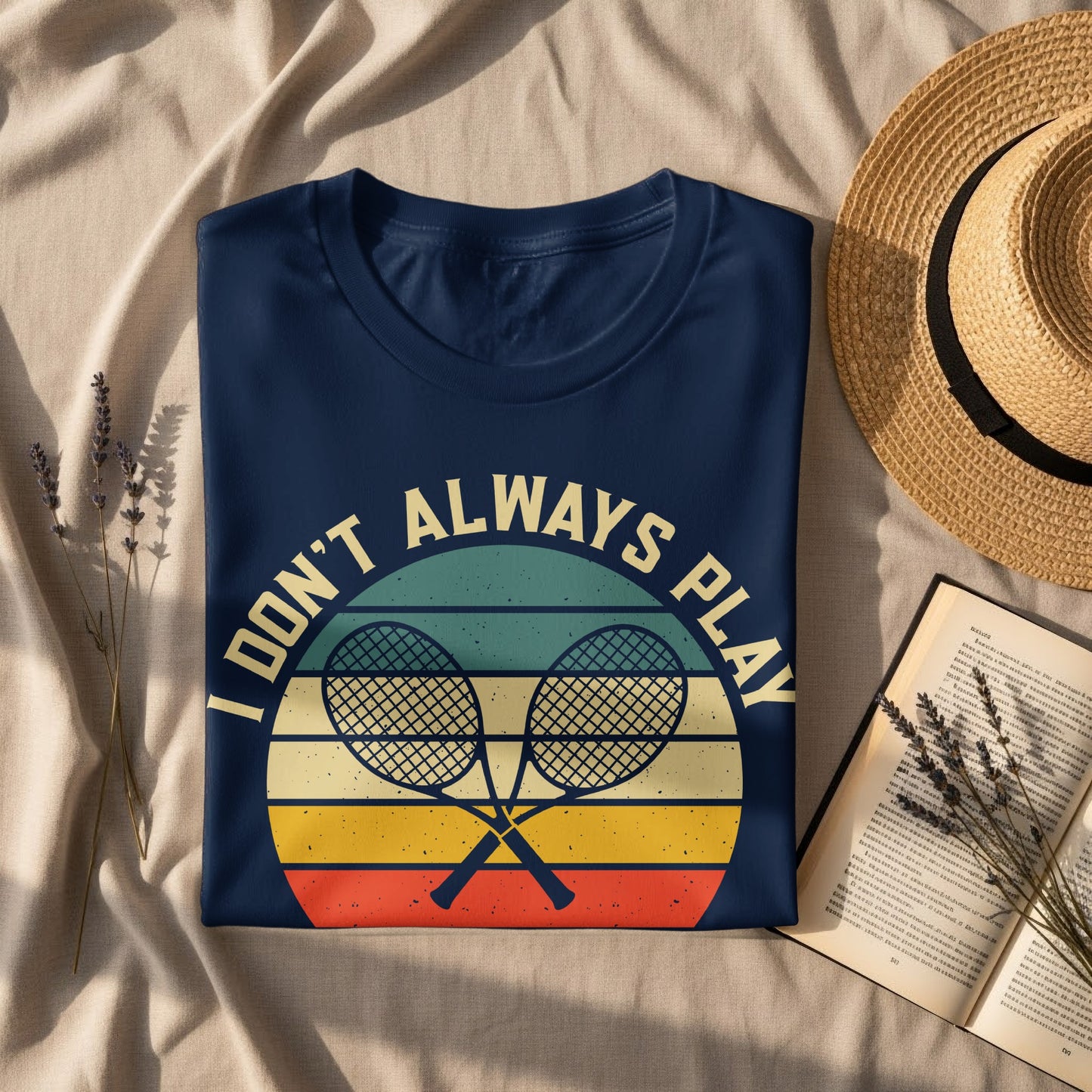 Navy t-shirt with crossed tennis rackets and "I Don't Always Play Tennis" text.