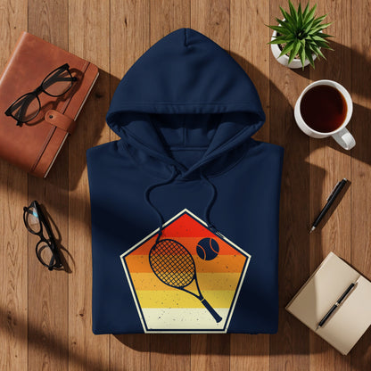 Navy hoodie with a pentagon graphic featuring a tennis racket and ball.