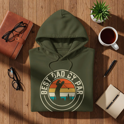 Green hoodie with "Best Dad By Par" text and golf sunset graphic.