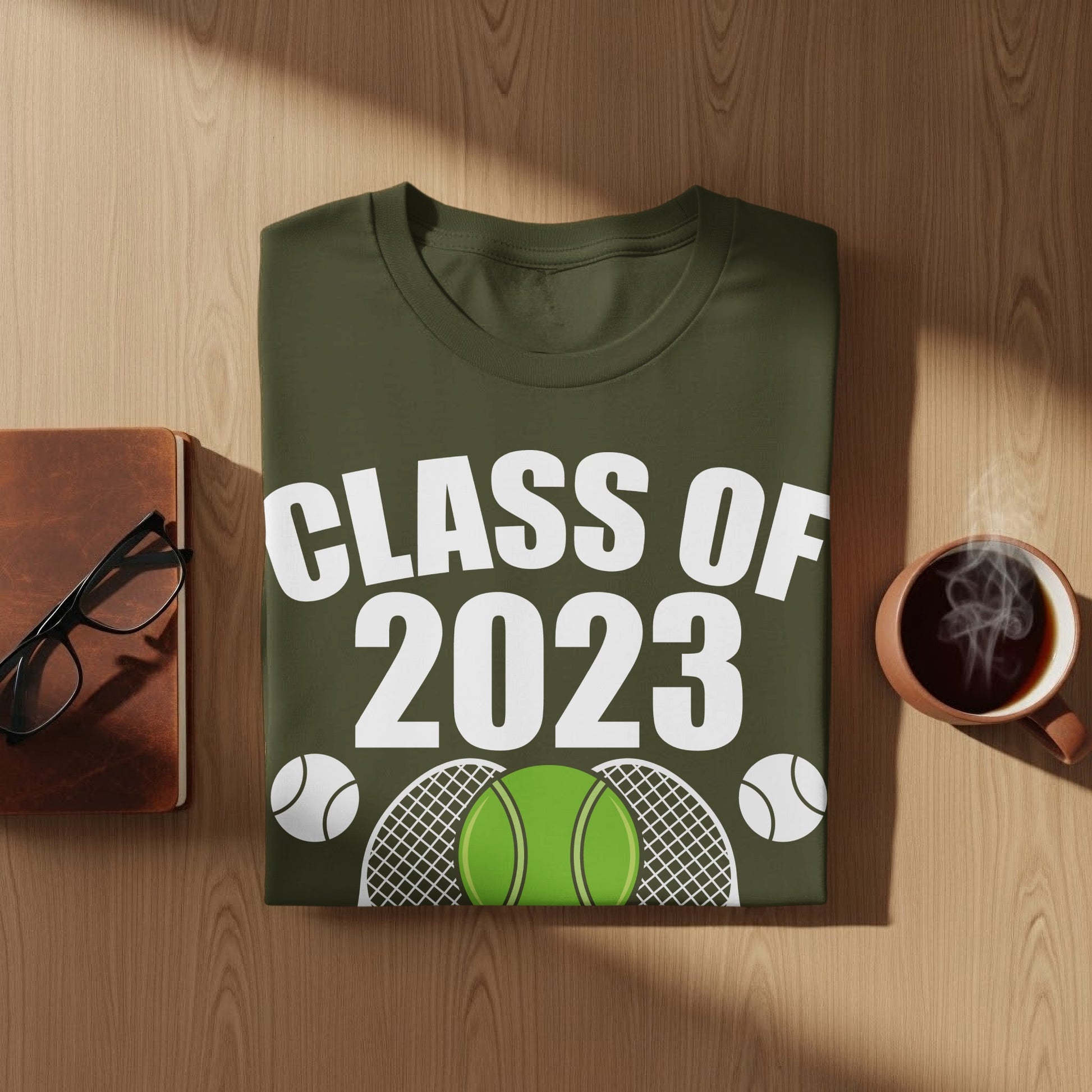 Olive green t-shirt with "CLASS OF 2023" and tennis graphics.