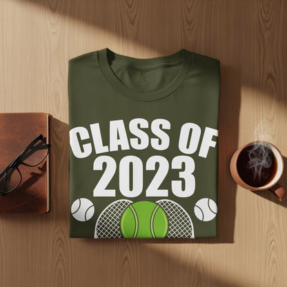 Olive green t-shirt with "CLASS OF 2023" and tennis graphics.