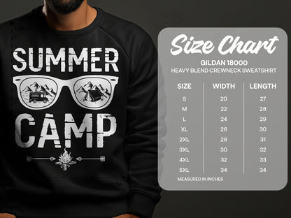 Gildan 18000 sweatshirt with "Summer Camp" text and sunglasses graphic.