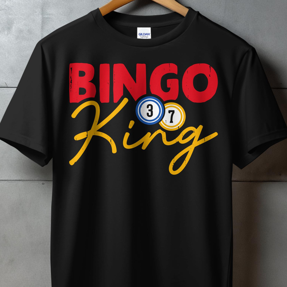 Black t-shirt with "BINGO King" text and bingo balls.