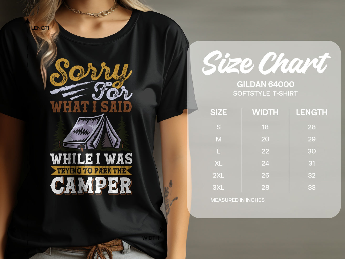 Black t-shirt with text "Sorry for what I said while I was trying to park the camper" and size chart.