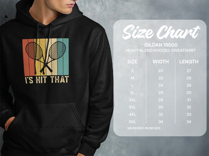 Gildan 18500 size chart for heavy blend hooded sweatshirt with tennis graphic.
