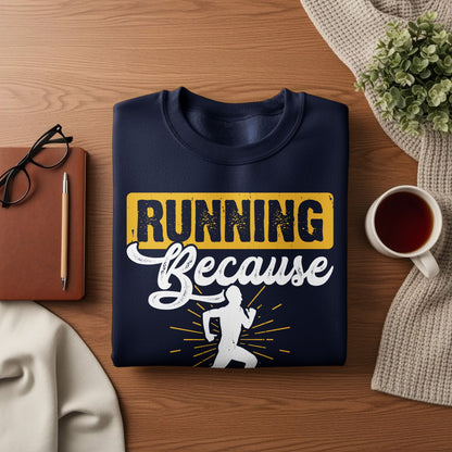 Navy sweatshirt with yellow "Running" graphic and running figure.