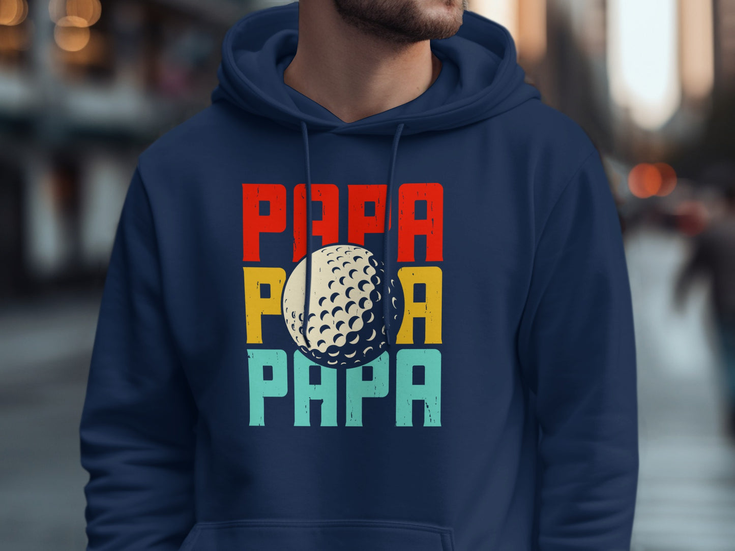 Navy blue hoodie with "PAPA" in red, yellow, and blue, and a golf ball.